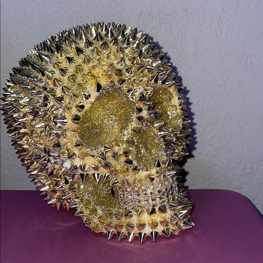 Handmade Artsy Gold and rivet Spiked Skull Sculpture skeleton Zombie Head